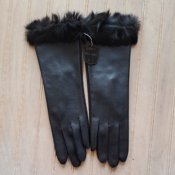 Vitro Genuine Rabbit Fur Cuff Black Leather Gloves Luxury Classic Stretchable - Picture 5 of 11
